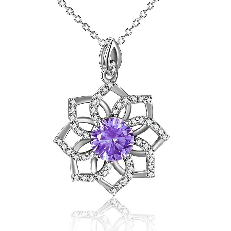 [Australia] - VENACOLY Lotus Flower Necklace Sterling Silver Birthstone Pendant Blooming Flower Spiritual Birthday Gifts for Women Her(02-February) 