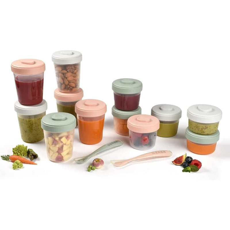 [Australia] - Beaba Set of 12 Storage Pots and 2 Silicone weaning Spoons, Interlocking, Stackable Pots, 100% Airtight, Freezable, Breast Milk, 2x90 ml + 4x150 ml + 6x250ml, Eucalyptus 2 x 90 ml + 4 x 150 ml + 6 x 250ml 