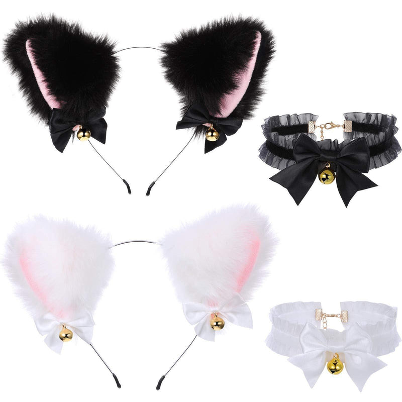 [Australia] - 2 Pieces Cute Cat Ears Headband with Bells Bows 2 Pieces Bow Necklace with Bells (Black, White) Mainly Black and White 