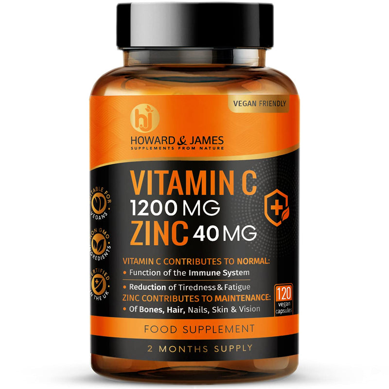 [Australia] - Vitamin C 1200mg and Zinc 40mg per Daily Serving - 120 High Strength Vegan Capsules with Ascorbic Acid - 2 Month Supply - Made in The UK by Howard & James 