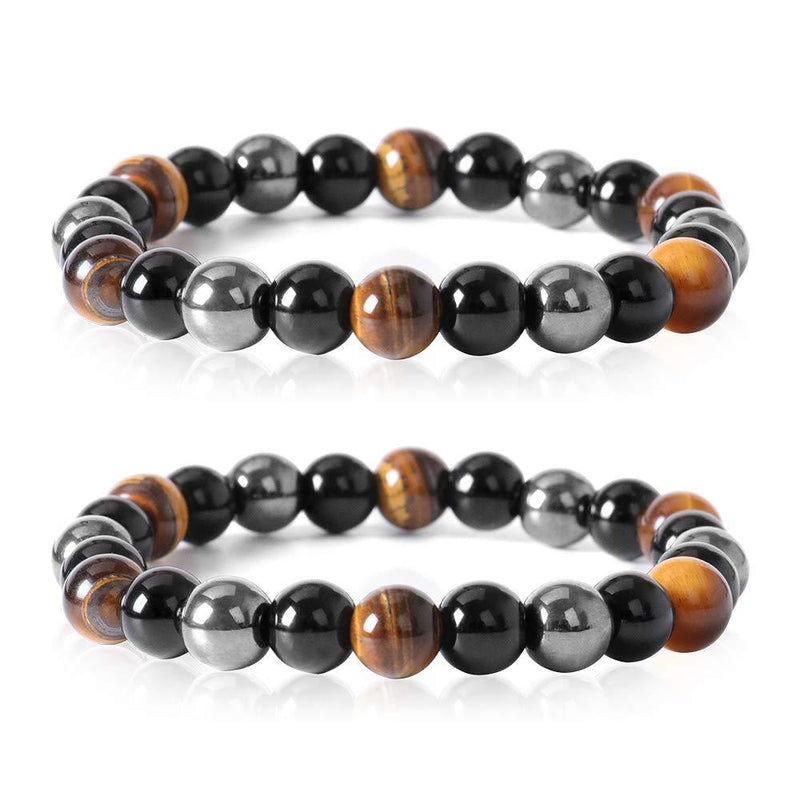 [Australia] - Beads Bracelet Triple Protection, 2 Pack 8 mm Tigers Eye Bracelet Hematite Beads & Black Obsidian Balance Bracelet Gemstones Bracelet for Protection - Bring Luck And Prosperity Unisex 16cm to 18cm 
