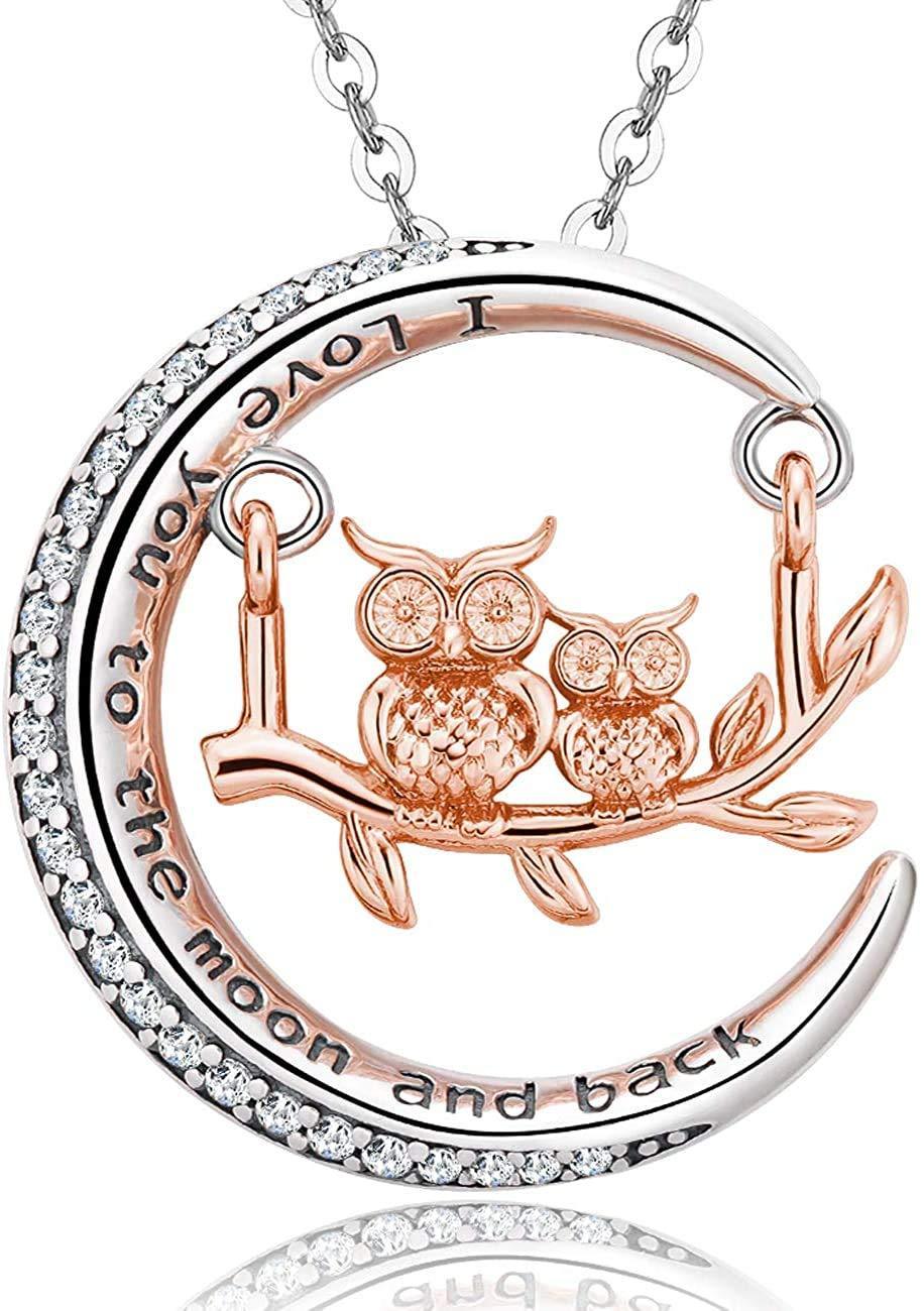 [Australia] - Owl Moon Necklace for Women, 925 Sterling Silver Animal Owl Jewelry Gifts for Women Wife, Crescent Moon Pendant and Owl on The Willow Tree Branch Necklace,Valentines Day Gift For Animal Lover Rose gold 