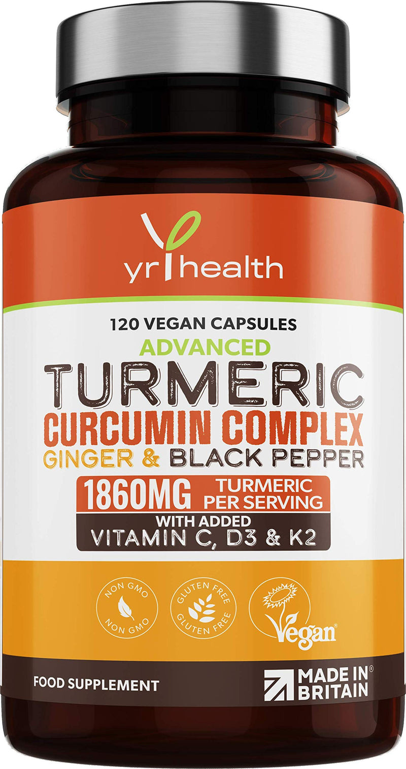 [Australia] - Turmeric Capsules High Strength 1860mg with Black Pepper, Ginger, Vitamin C & D for Immune System & Joints Plus K2 Mk7 - 120 Vegan Capsules Premium Turmeric Curcumin – Made in The UK by YrHealth 