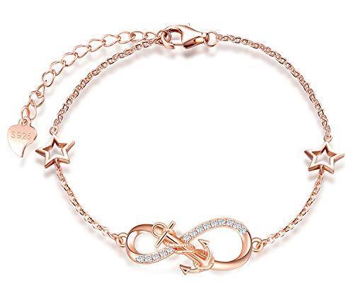 [Australia] - MicLee Woman's girl's Bracelet, 925 Sterling Silver bracelet, Anchor and infinity symbol bracelet, with mini hollow star, Inlaid zircon, adjustable chain, design of Ocean theme bracelet Rose Gold 