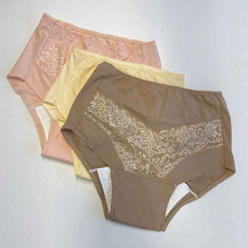 [Australia] - Lace Incontinence Briefs (Pack of 3) - Coffee & Cream & Pink - L (18-20) | Coffee, Cream & Pink | Large 