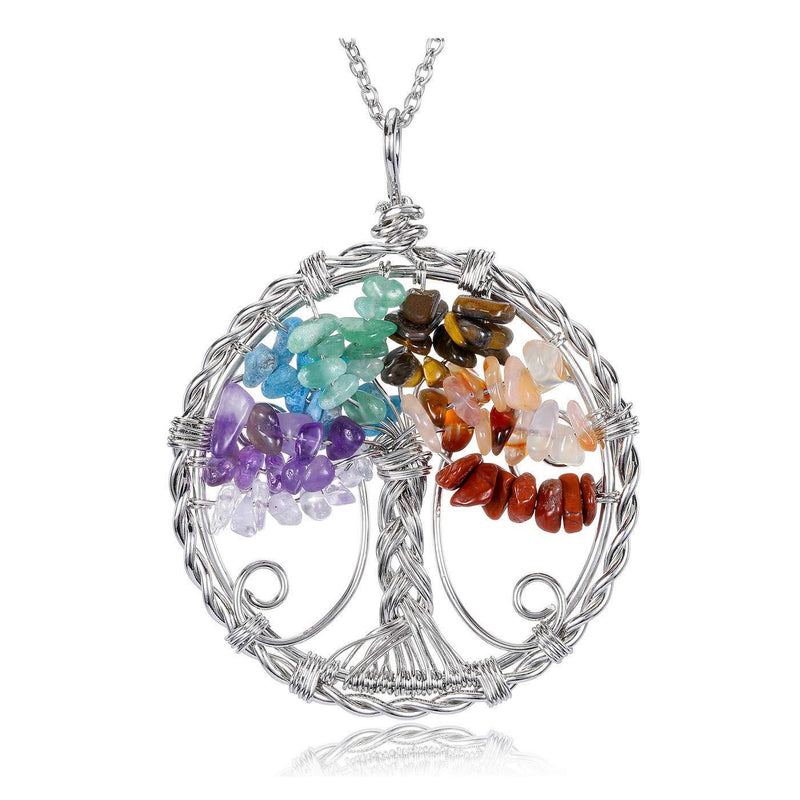 [Australia] - Jovivi 7 Chakra Crystal Tree of Life Silver Wire Wrapped Copper Natural Gemstones Healing Chakra Stone Pendant Necklace Jewellery for Women Girls Gifts 7 Chakra Tree of Life 