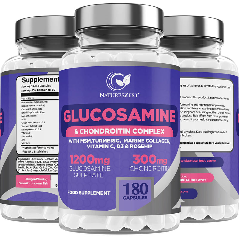 [Australia] - Glucosamine and Chondroitin High Strength Capsules - Glucosamine Complex with MSM – 180 Glucosamine Capsules - with Vitamin C, Rosehip, Turmeric Curcumin & Marine Collagen – UK Made by Natures Zest 