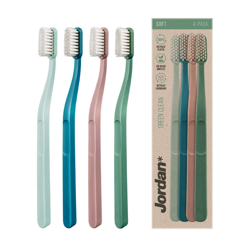 [Australia] - Jordan ® | Green Clean Manual Toothbrush | Award Winning Sustainable Toothbrush Made from Recycled Materials | Eco-Friendly | Scandinavian Design | Soft Bristles | Mixed Colour | Pack 4 Units 