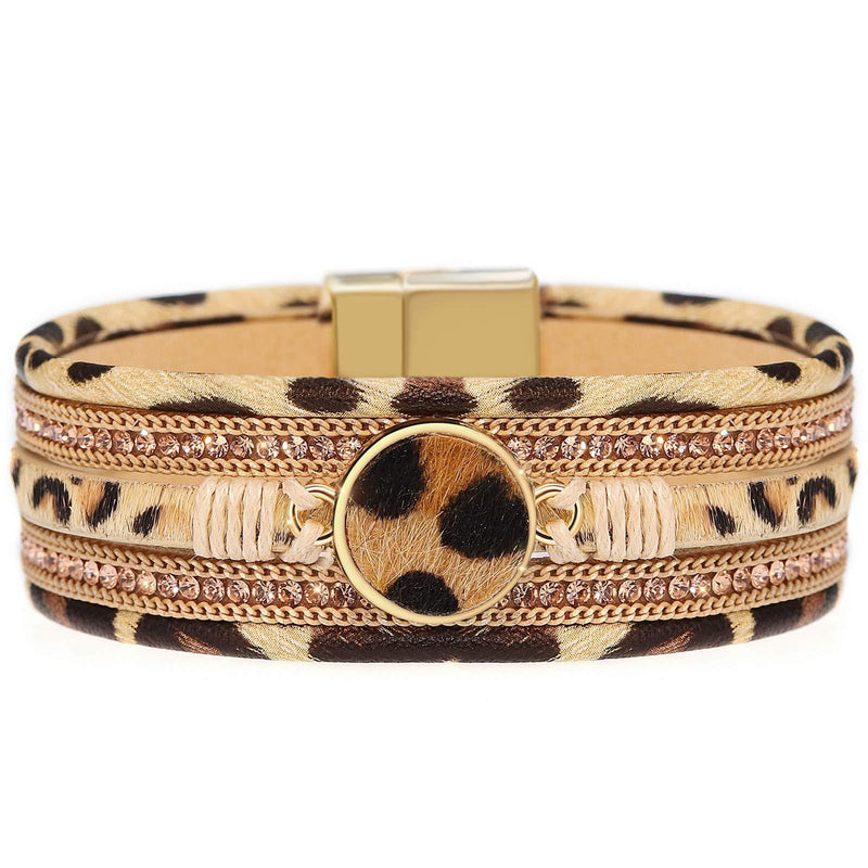 [Australia] - Gleamart Multi-Layer Leather Bracelet Beads Wrap Cuff Bangle for Women Leopard Khaki 