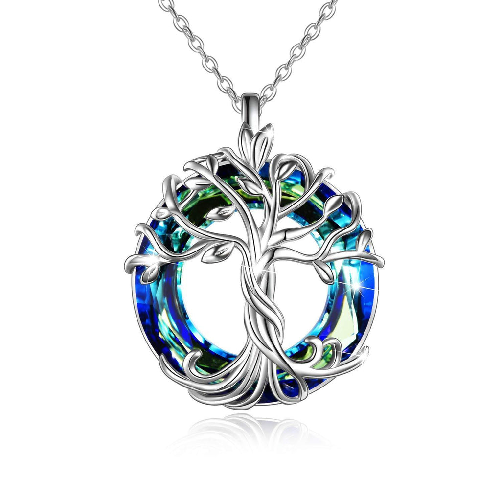 [Australia] - TOUPOP Tree of Life Necklace Sterling SIlver Family Tree Pendant Necklace with Circle Crystal Gifts for Women Girls Friend Birthday 1-Silver-Blue Crystal 