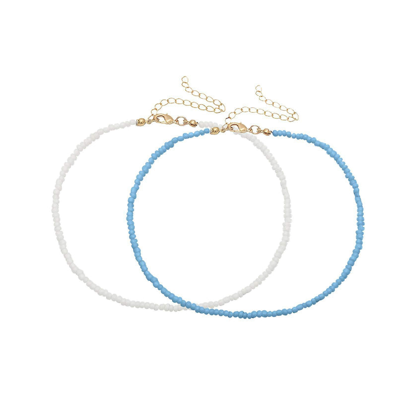 [Australia] - Holibanna 2pcs Bead Choker Necklace Boho Multicolor Seed Bead Clavicle Chain Women Bohemian Multilayer Necklaces ( Blue+ White ) White and Blue 