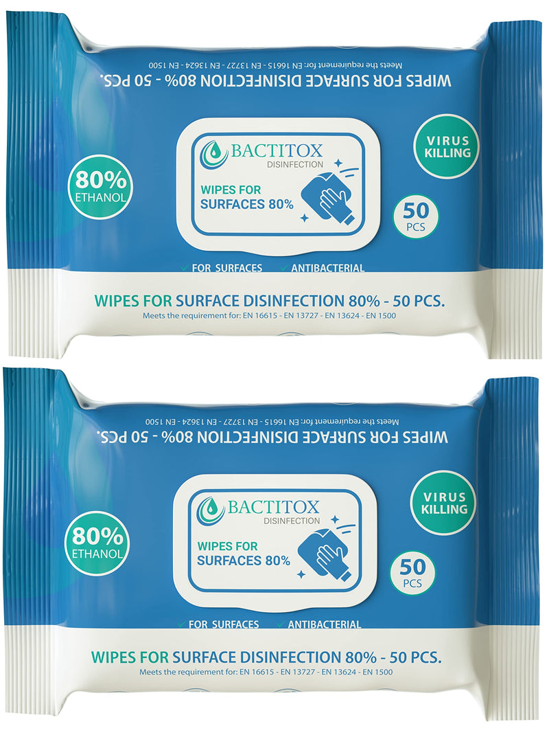 [Australia] - Bactitox Alcohol Wipes - Antibacterial Sanitiser - 80% Ethanol - Fast Acting Surface Disinfectant - Thick and Durable (50 Count (Pack of 2)) 50 Count (Pack of 2) 