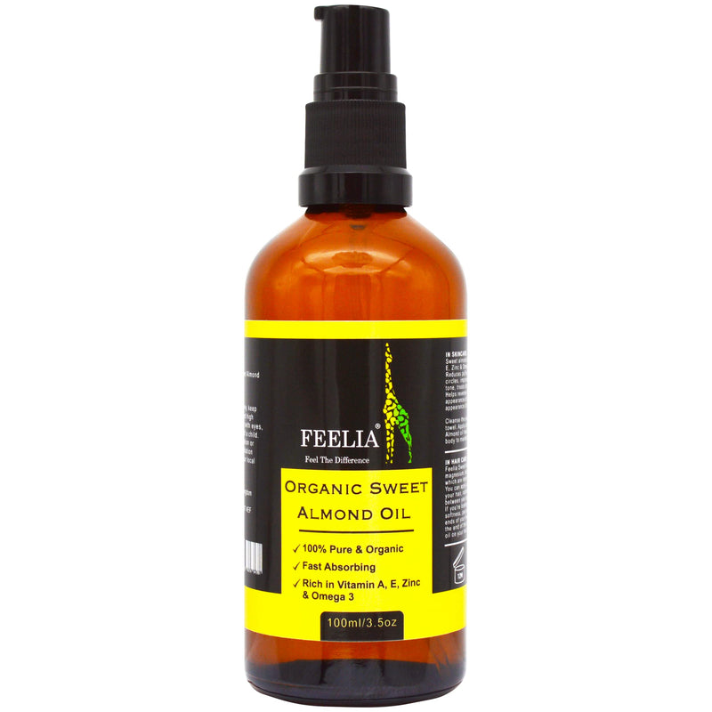 [Australia] - Feelia - Organic Sweet Almond Oil - Cold Pressed, Rich in Vitamins A, E, Zinc & Omega 3, Fast Absorbing, 100% Pure & Organic (100ml) 100 ml (Pack of 1) 