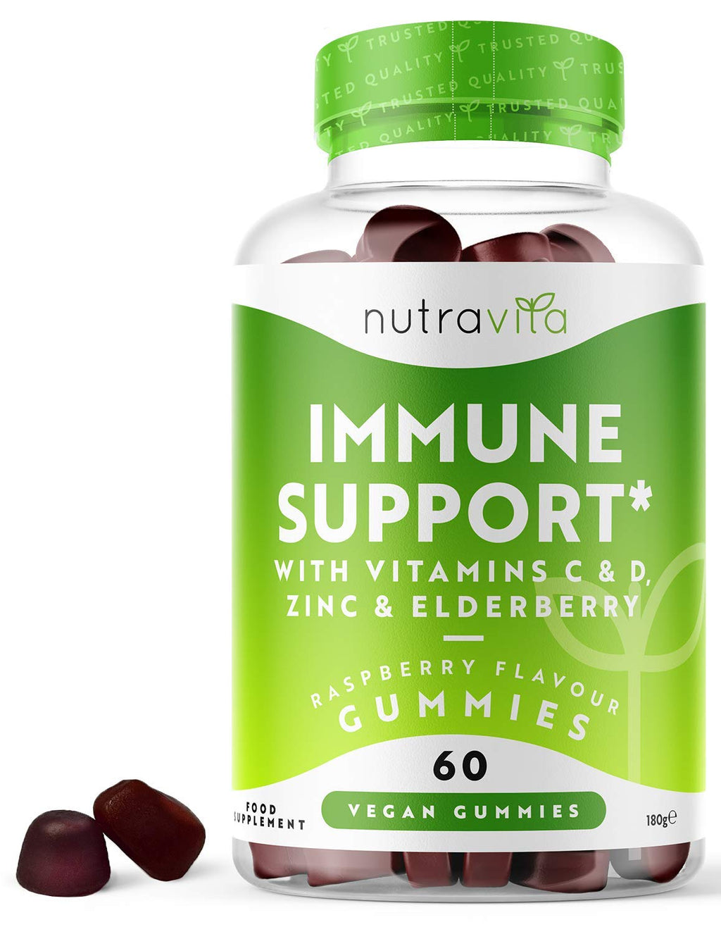 [Australia] - Immune Support Gummies - Elderberry Extract (4500mg Equivalent), Vitamin D 1000iu, Vitamin C & Zinc - 60 Raspberry Flavour Vegan Gummies - Maintain Normal Immune System - Made in The EU by Nutravita 