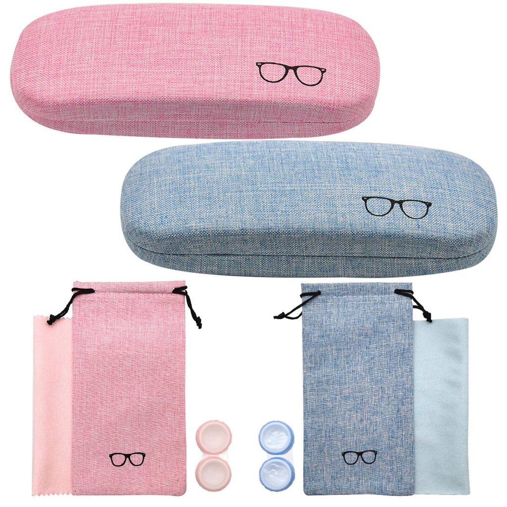 [Australia] - Hard Glasses Case Cute Linen Eyeglass Case for Women Kids with Glasses Pouch, Eyeglass Cleaning Cloth, Contact Lens Case 2 Set (8pcs) 