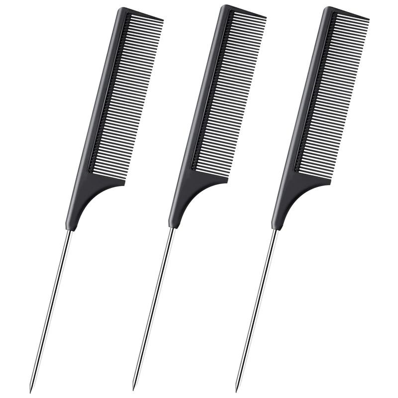 [Australia] - 3 Pcs Rat Tail Combs Salon Hairdressing Comb with Stainless Steel Handle, Fine Tooth Combs for Women, Barber Black 