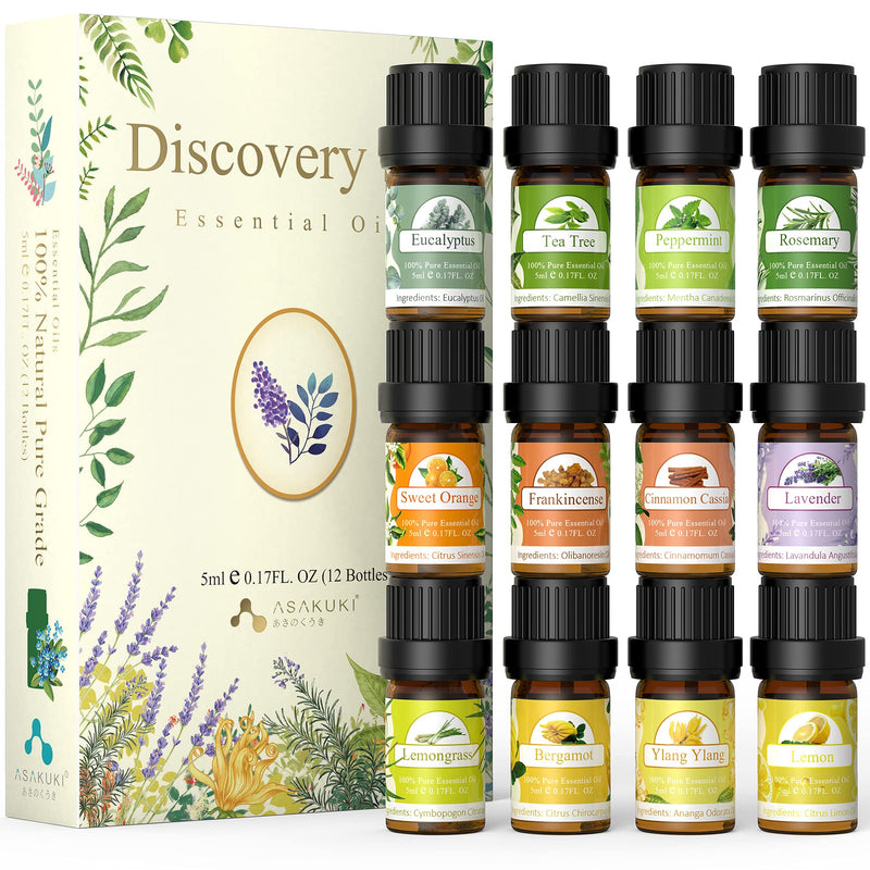 [Australia] - ASAKUKI Premium Essential Oils Set, 100% Natural Pure Aromatherapy Oil for Home Therapeutic Grade, Fragrance Oil Suitable for Diffuser, Humidifier, Skin Care, Hair Care, Bath - 12Pcs Essential Oils 12-Pack Premium Set 