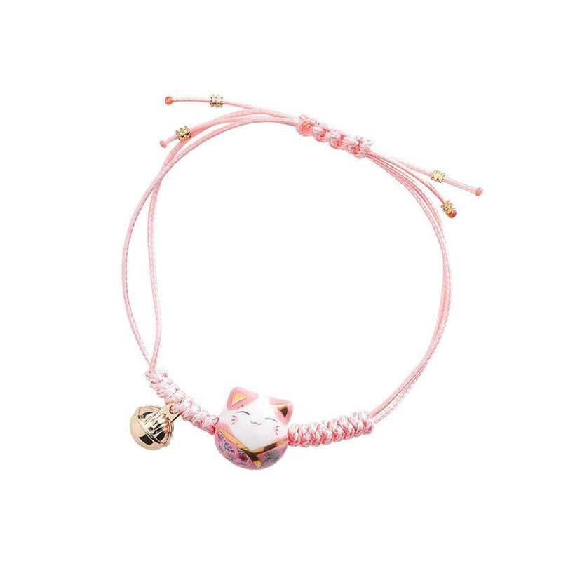 [Australia] - Happyyami Lucky Cat Bracelet Cute Feng Shui Maneki Neko String Bracelet Adjustable Good Luck String Braided Beads Bell Wrist Chain New Year Birthday Mother Day Gift (Pink) Pink 