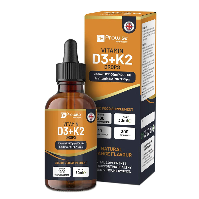 [Australia] - Vitamin D3 4000iu + K2 MK7 25�g I Orange Liquid Drops I High Strength 4000iu D3 + 25�g K2-30ml Bottle I Fast Absorption I 1200 Vegetarian Drops - Made in UK by Prowise Healthcare 