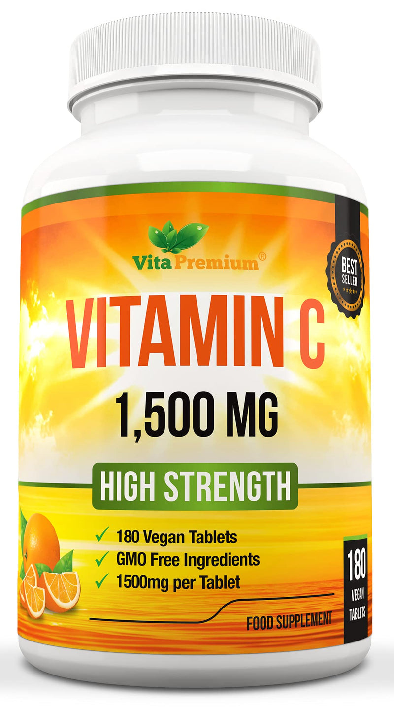 [Australia] - Vitamin C 1500mg per Tablet, High Strength 180 Vegan Tablets, Food Supplement, 6 Month Supply - Made in UK 