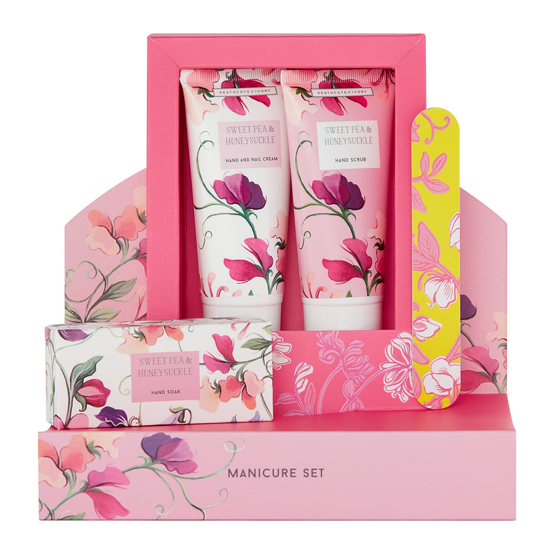 [Australia] - Heathcote & Ivory Sweet Pea & Honeysuckle Manicure Gift Set, 50Ml Hand & Nail Cream, 50Ml Hand Scrub, 50G Hand Soak & Nail File 