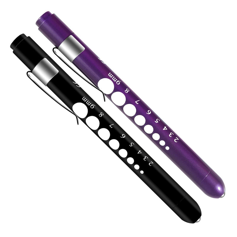 [Australia] - ALMOCN 2 Pack Pen Light,Nurse Medical Reusable LED Penlight White Light with Pupil Gauge and Ruler,Black and Purple Black and Purple 