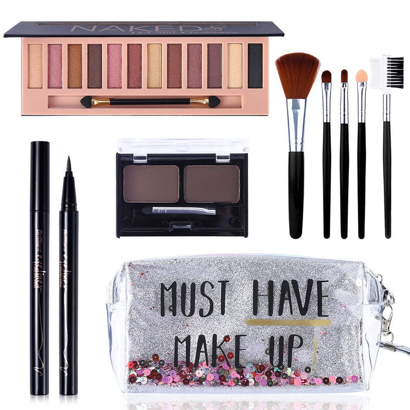 [Australia] - All in One Makeup Gift Set -12 Colors Eyeshadow Palette + Waterproof Black Eyeliner Pencil + Duo Pressed Eyebrow Powder Kit + 5 Brushes and Quicksand Silver Cosmetic Bag 