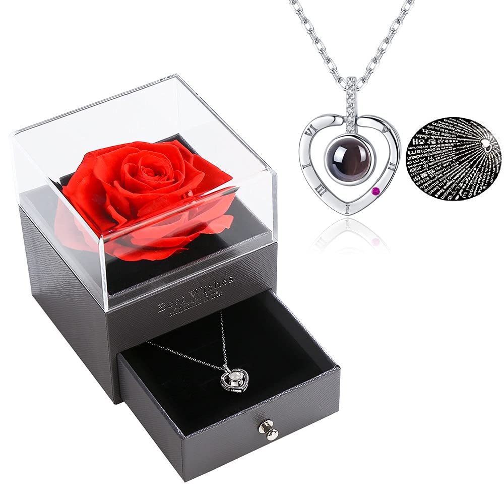 [Australia] - Eternal Rose Box with Necklace Romantic Gifts,Forever Real Rose with I Love You Necklace 100 Languages,Eternal Rose Jewelry Gift Box fit for Valentine's Day,Mother's Day,Birthday Red 