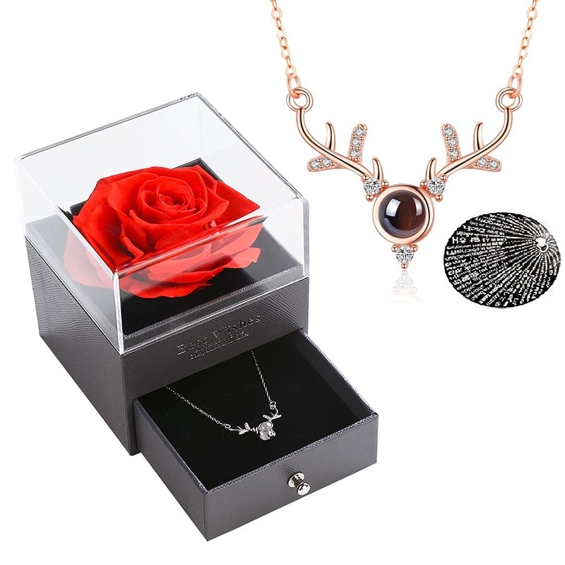 [Australia] - Forever Rose Eternal Flowers and 925-Sterling Silver Gold-plated Necklace "I love you" in 100 languages Gifts for women Mothers' day Valentine's Day Birthday Day (Red) Red 