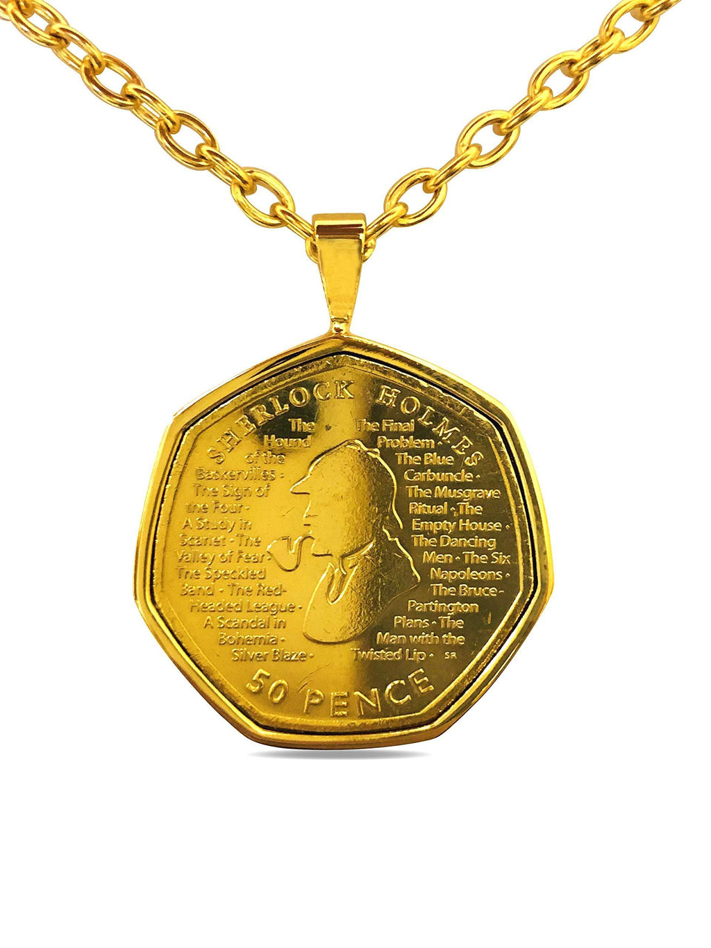 [Australia] - 24ct carat Gold Plated 2019 160th Anniversary of the Birth of Arthur Conan Doyle author of Sherlock Holmes 50p Fifty Pence Pendant Necklace with 18 inch Chain With Gift Box 