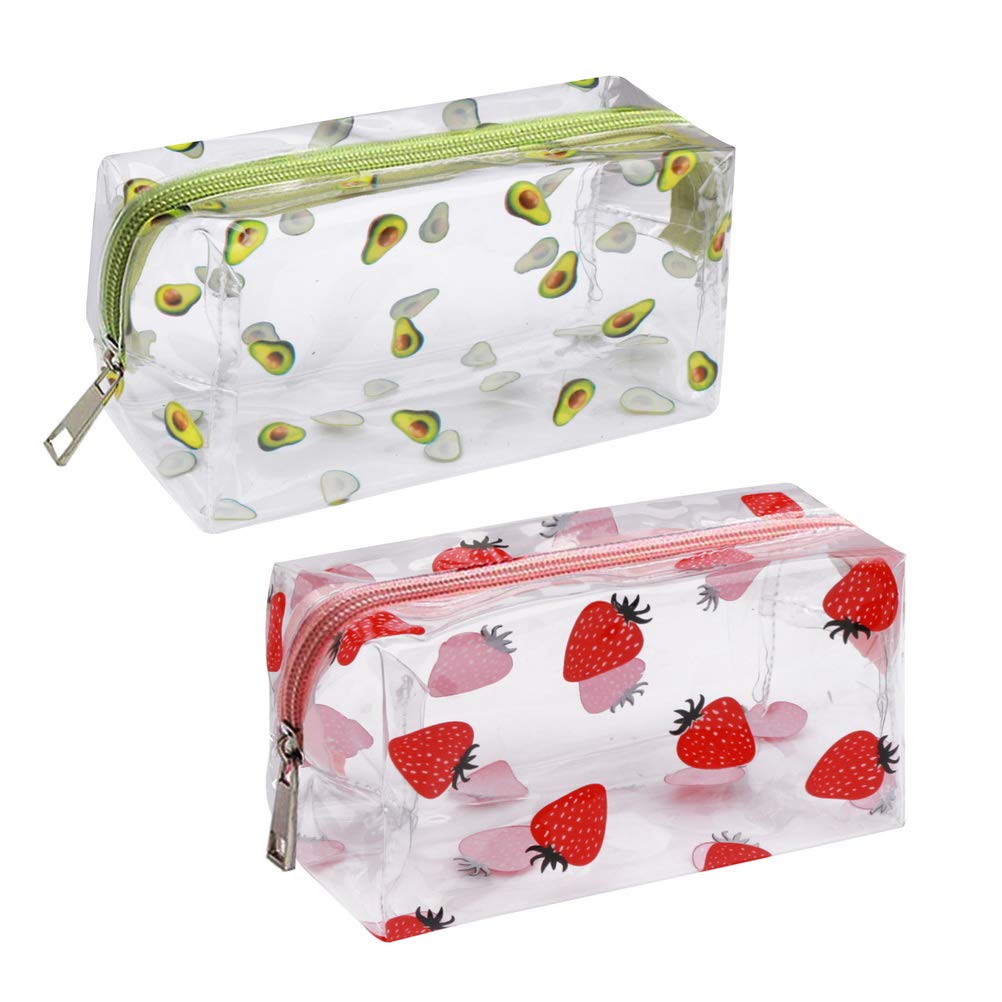 [Australia] - 2 Pcs Clear Pencil Case, Fruit Cosmetic Bag PVC Makeup Travel Wash Pouch with Avocado and Strawberry Pattern for Women and Girls 