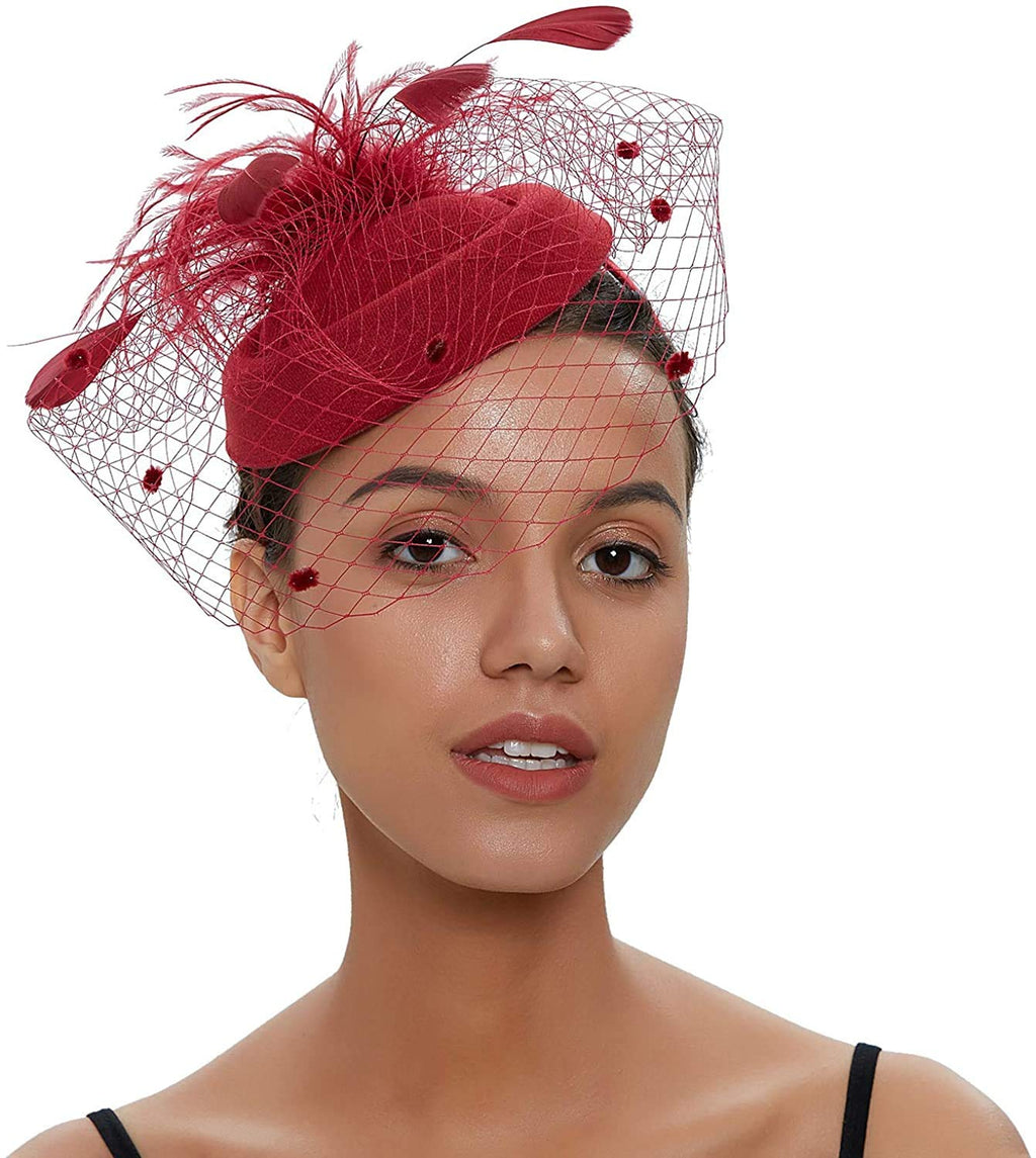 [Australia] - DRESHOW Fascinators Hat for Women Cocktail Tea Party Headwear Flower Mesh Ribbon Feathers Headband 42-Burgundy 