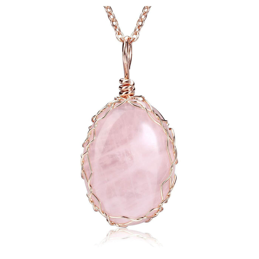 [Australia] - JOVIVI Rose Quartz Crystal Healing Stone Pendant Necklace Natural Pink Oval Chakra Gemstone Rose Gold Wire Wrapped Jewellery for Women Mother Mom Gifts 