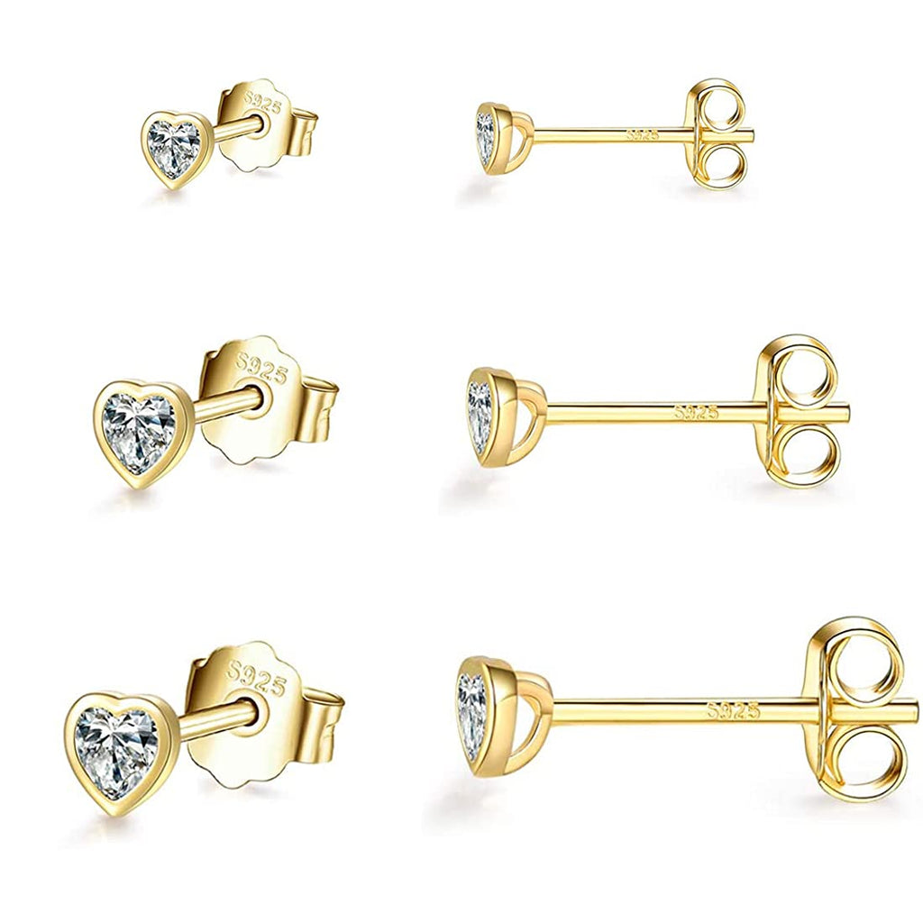 [Australia] - Gulicx 3 Pairs Silver Heart Stud Earrings Set for Women Girls, Hypoallergenic 925 Stering Silver Cubic Zirconia Simulated Diamond Stud Earrings,Small Sleeper Cartilage Studs, Size: 3, 4, 5mm Gold-3/4/5mm 