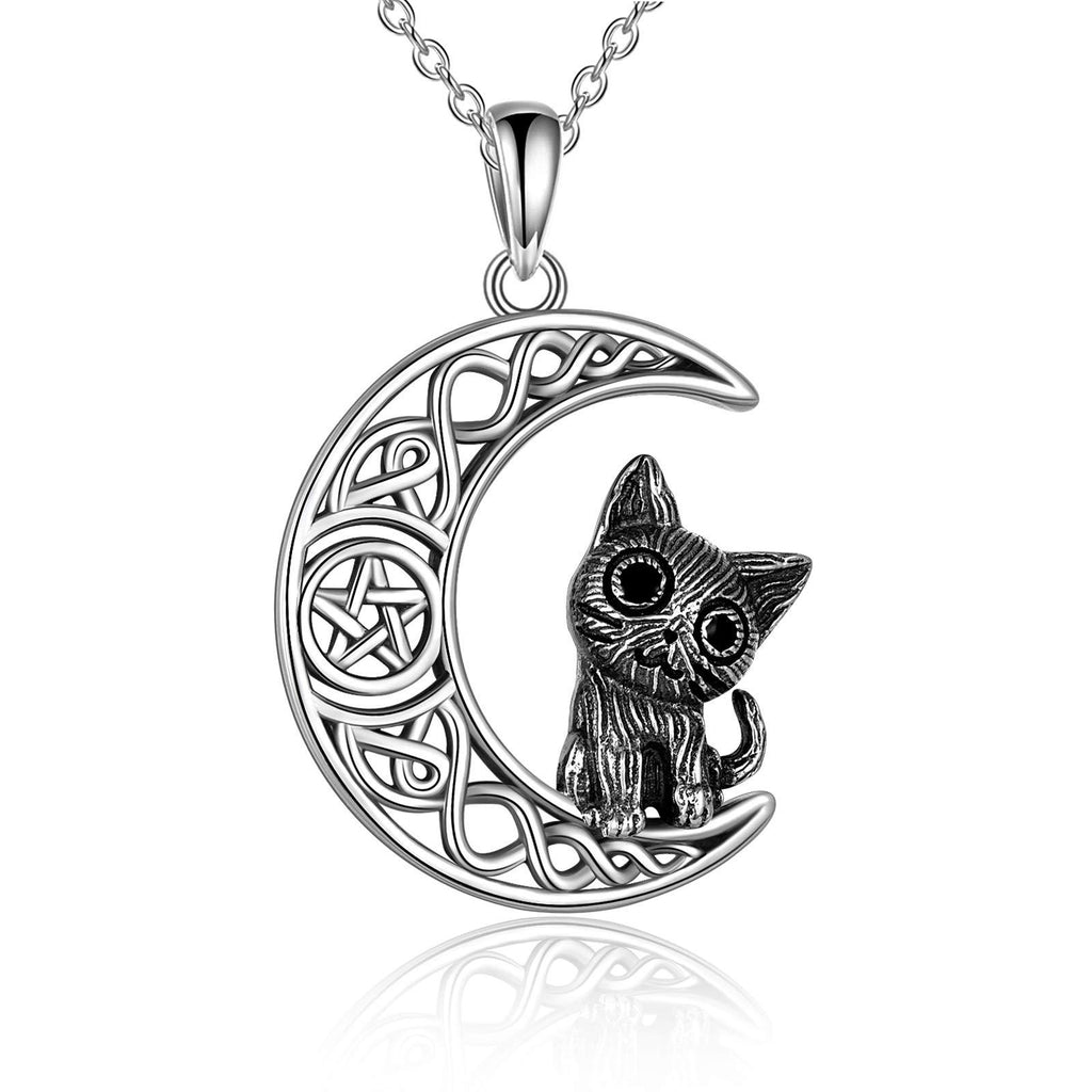 [Australia] - YFN Cat Necklace Jewellery for Women Sterling Silver Celtic Knot Cat On The Moon Necklace Wiccan Jewelry Gifts for Girls 