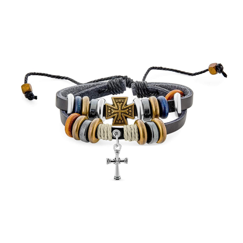 [Australia] - Retro Boho Bohemian Surf Zen Coin Concho Brown Genuine Leather Rope Braid Triple Wrap Multi Layer Shield Wood Bead Charm Wristband Bolo Bracelet for Women Men Adjustable Cross 