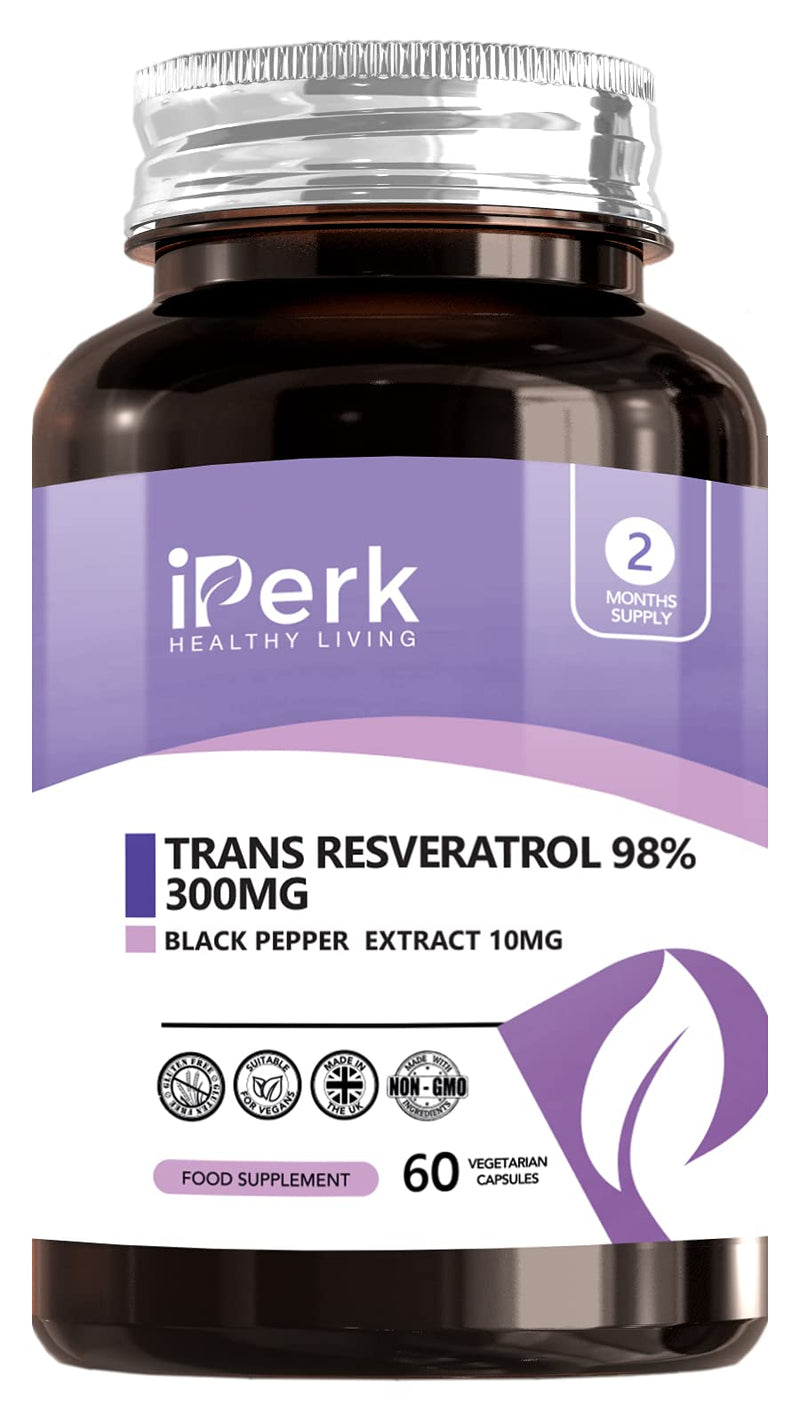 [Australia] - Trans Resveratrol 300mg (Per Capsule) 60 Vegan Capsules with 10mg Black Pepper Extract High Strength Extract | Non GMO, Dairy and Gluten Free Made in The UK in HACCP ACCREDITED Facilities 