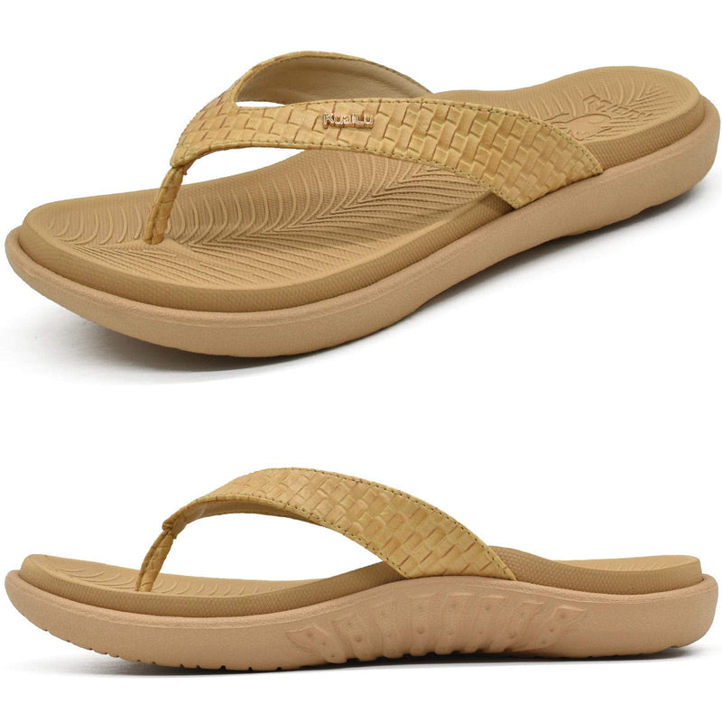 [Australia] - KUAILU Womens Flip Flops Ladies Yoga Mat Comfortable Walking Thong Sandals with Plantar Fasciitis Arch Support Slip On Indoor Outdoor for Summer 6 UK Beige 