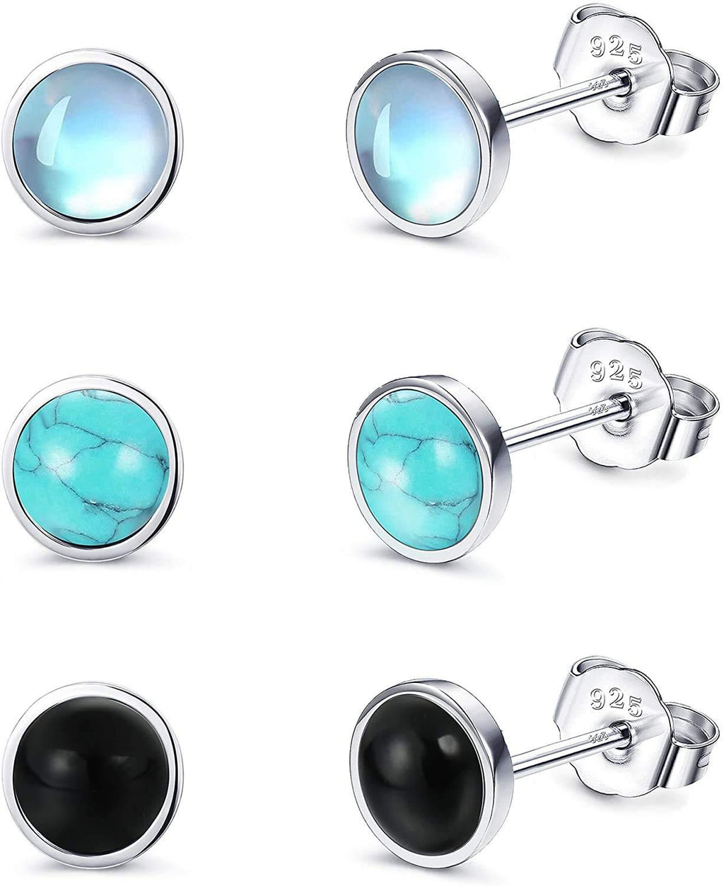 [Australia] - LOLIAS 4MM 925 Sterling Silver Stud Earrings Set for Womens Teens Solid Silver Moonstone Earrings Hypoallergenic Turquoise Black Earrings Round Gemstone Stud Gift Daughter Christmas Valentine’s Day 