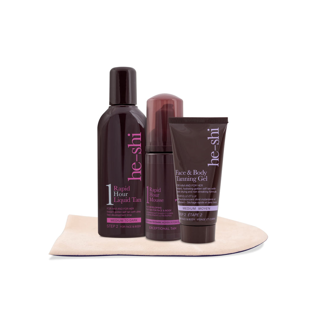 [Australia] - He-Shi Self Tan Set - 4 Piece Tanning Starter Set Includes: 1 Hour Liquid Tan, Face & Body Gel, Rapid Tanning Mousse and Mitt - Beauty Set For Her - 100% Vegan + Cruelty Free Gift Set 