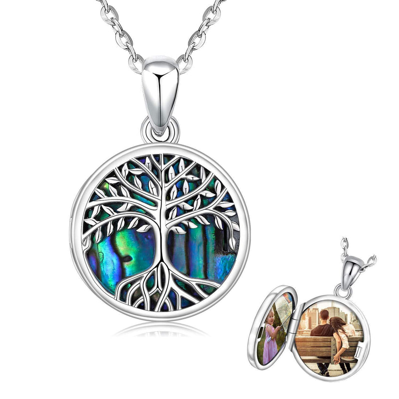 [Australia] - Women Tree of Life Locket Necklace, Silver Family Tree Pendant Necklace That Hold Abalone Seashell Photo Necklace for Men Women, Memory Charm Tree of Life 18" Chain Locket Necklace Jewelry Gifts 