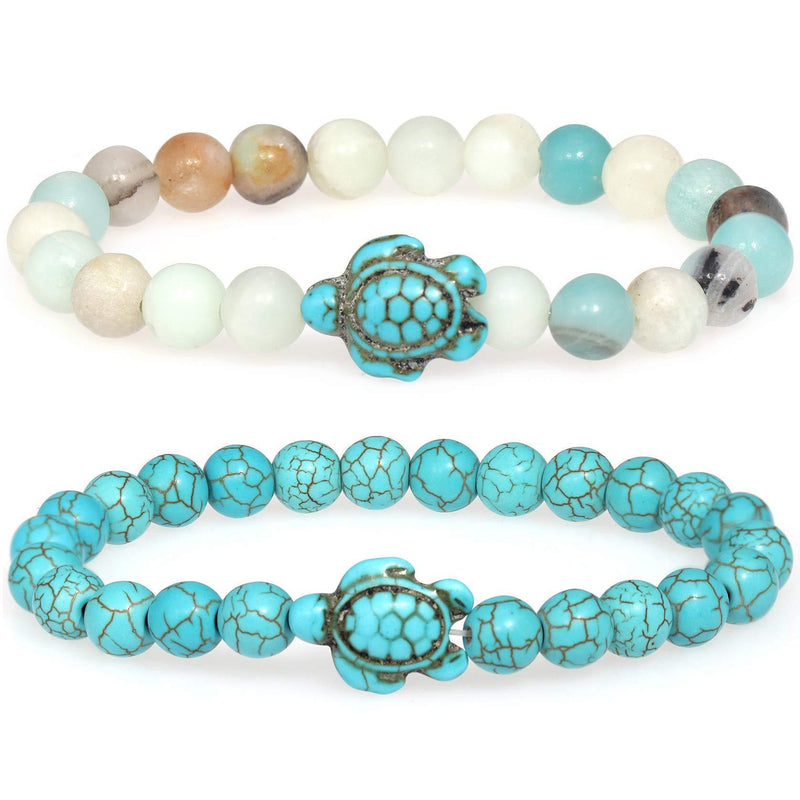 [Australia] - YooAi Turtle Bracelet 2Pcs Nature Stone Beads Bracelets for Women Elastic Rope Adjust Bracelets Frosted Turquoise 