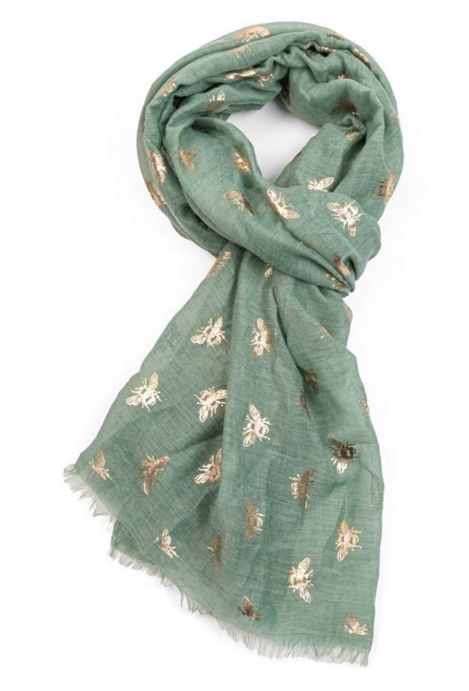 [Australia] - LilyRosa® Bee Scarf Bumble Bees Grey Blue Silver Pink Rose Gold Bees Shawl Wrap Green 