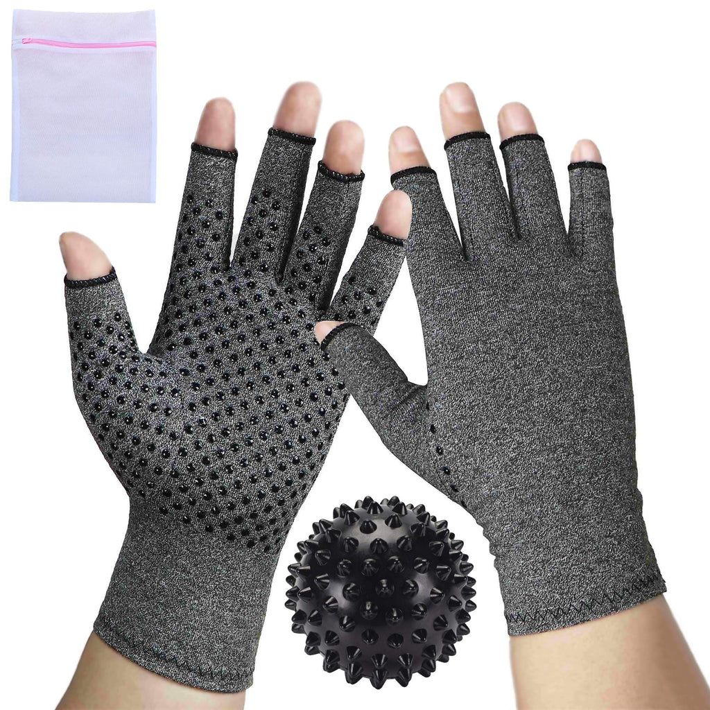 [Australia] - 1 Pair Compression Arthritis Gloves Fingerless Hand Wrist Support Joint Pain Relief for Men & Women Grey - (1 Dotted Pair Medium + 1 Massager Ball) & Mesh Bag M 