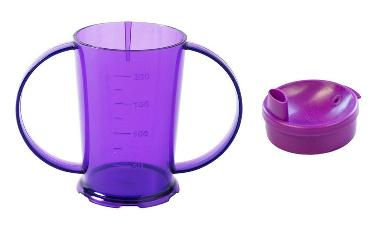 [Australia] - Two Handled Graduated Beakers with Lids - Pack of 2-200ml Adult Feeder Cup - Drinking Aid (Colour Purple, Wide Spouted Lid) 