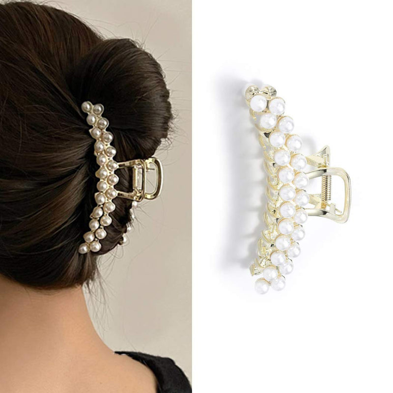 [Australia] - Runmi Hair Claw Clips Pearl Hair Clips Metal Gold Hair Barrette Claw Hair Claw Large Hair Accessories for Women and Girls 