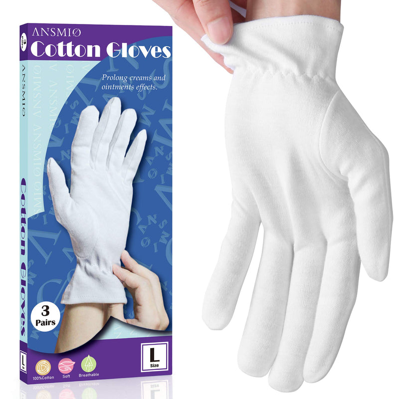 [Australia] - ANSMIO 3 Pairs White Gloves for Dry Hands with Wristband, Cotton Gloves for Eczema, Moisturizing Night Gloves, White Gloves 100% Cotton, Size 9 Inch (3 Pairs) 