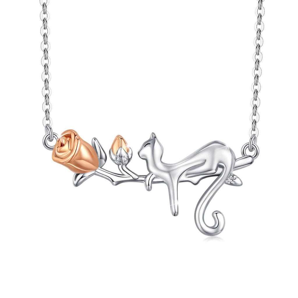 [Australia] - Cat Necklaces 925 Sterling Silver Rose Gold Flower and Cat Pendant Necklace Cat Jewellery Gift for Women,Girls 
