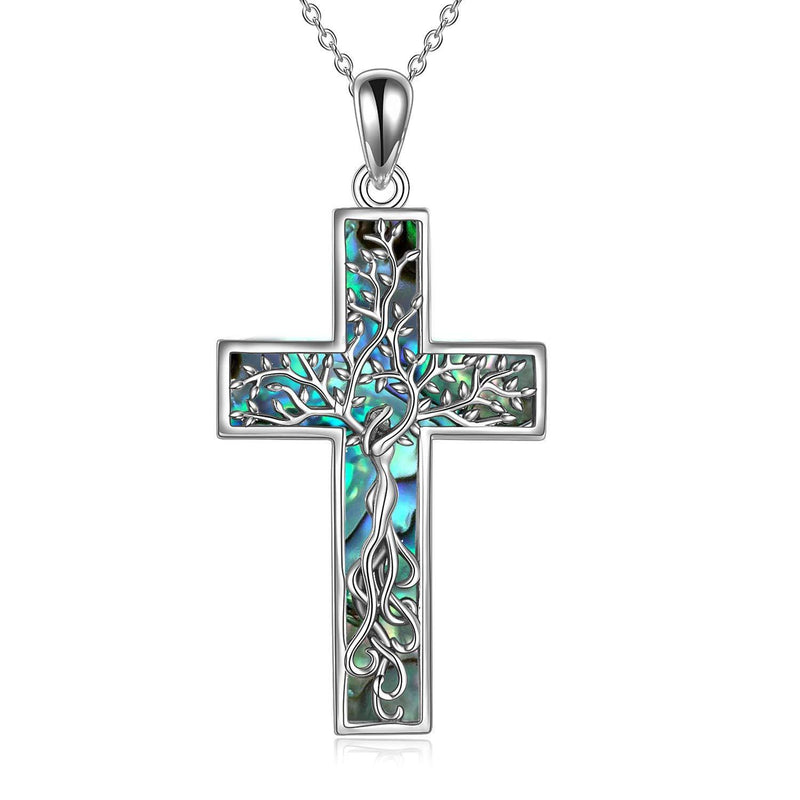 [Australia] - YAFEINI Cross Tree of Life Necklace Sterling Silver Abalone Shell Tree of Life Pendant Necklace Tree of Life Jewellery for Women Colorful cross Tree 