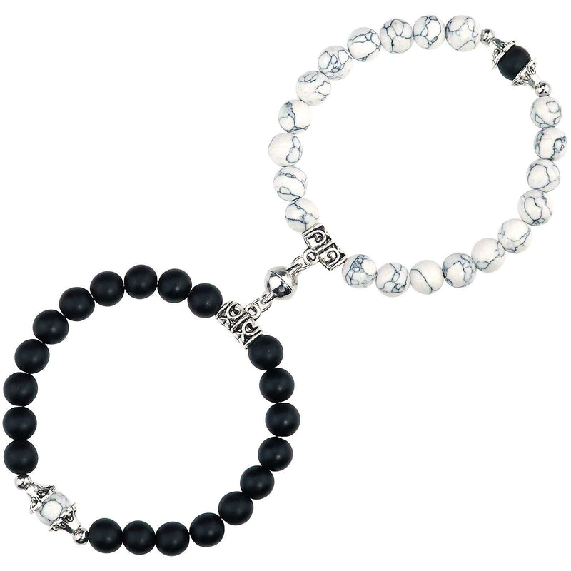 [Australia] - Gleamart 2pcs Magnetic Connect Bracelets Matching Couple Bangles 8mm Volcanic Stone Beads Bracelet Set for Him and Her White Turquoise + Frosted Stone 